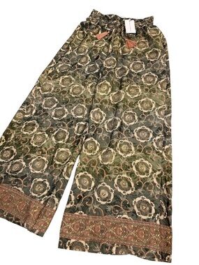 Chelsea & Theodore NWT Floral Wide Leg Pull-On Pants Green XS Boho Tassel